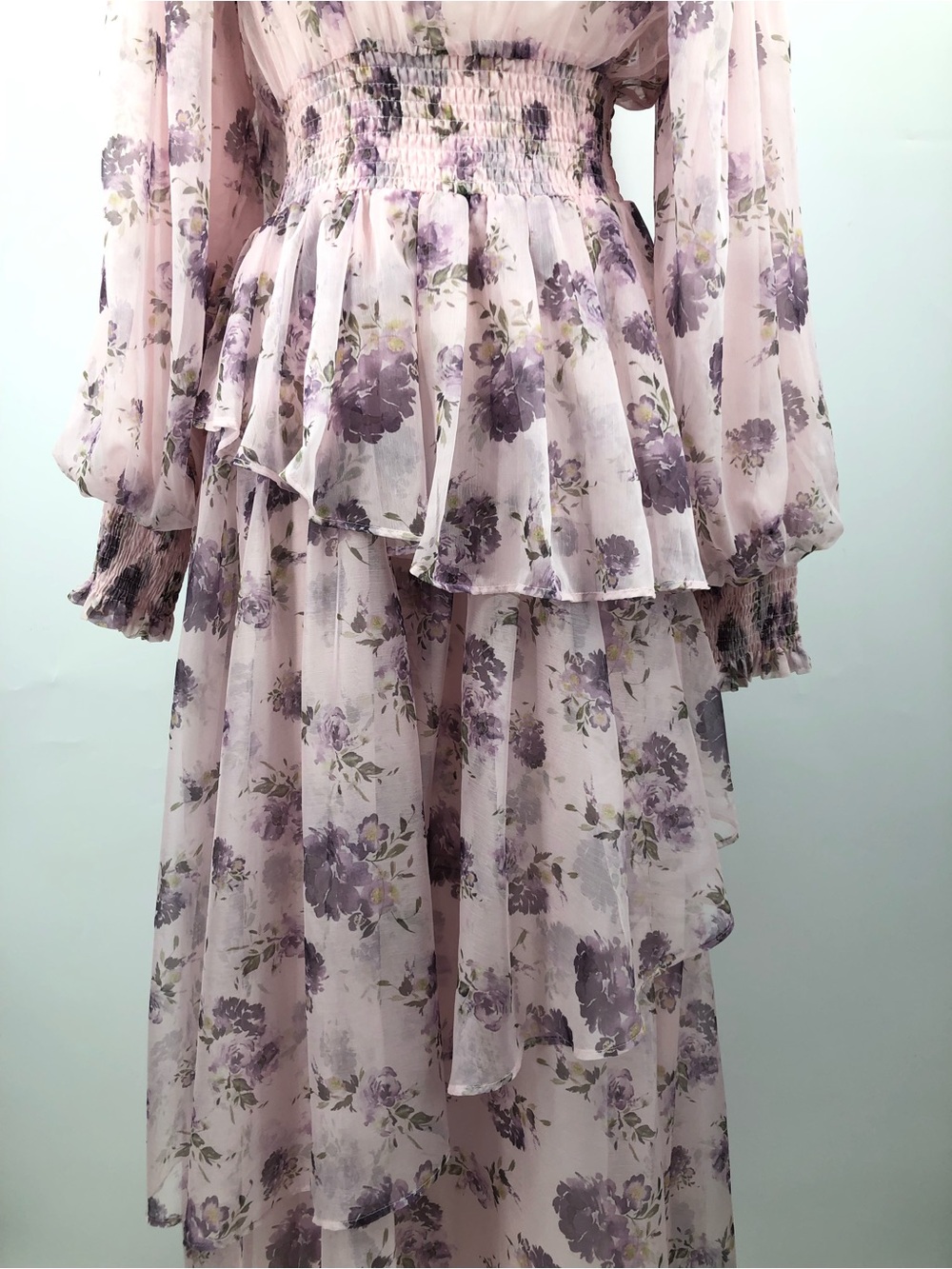 Batul The Collection floral tiered modest XS dress maxi dress chiffon PINK - Picture 7 of 12